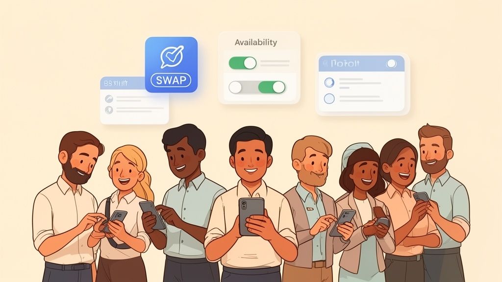 Eine Gruppe von Mitarbeitern verwaltet ihre Arbeitszeiten und Verfügbarkeit über eine mobile App.