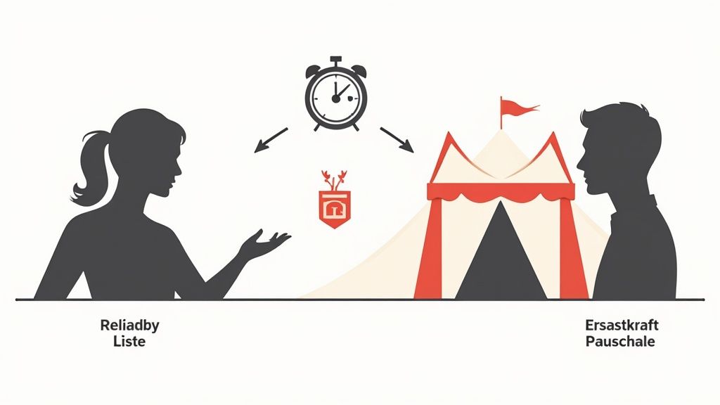 Silhouetten von Frau und Mann, Uhr, Wappen und Festzelt. Symbole für Zeitmanagement und Eventorganisation.
