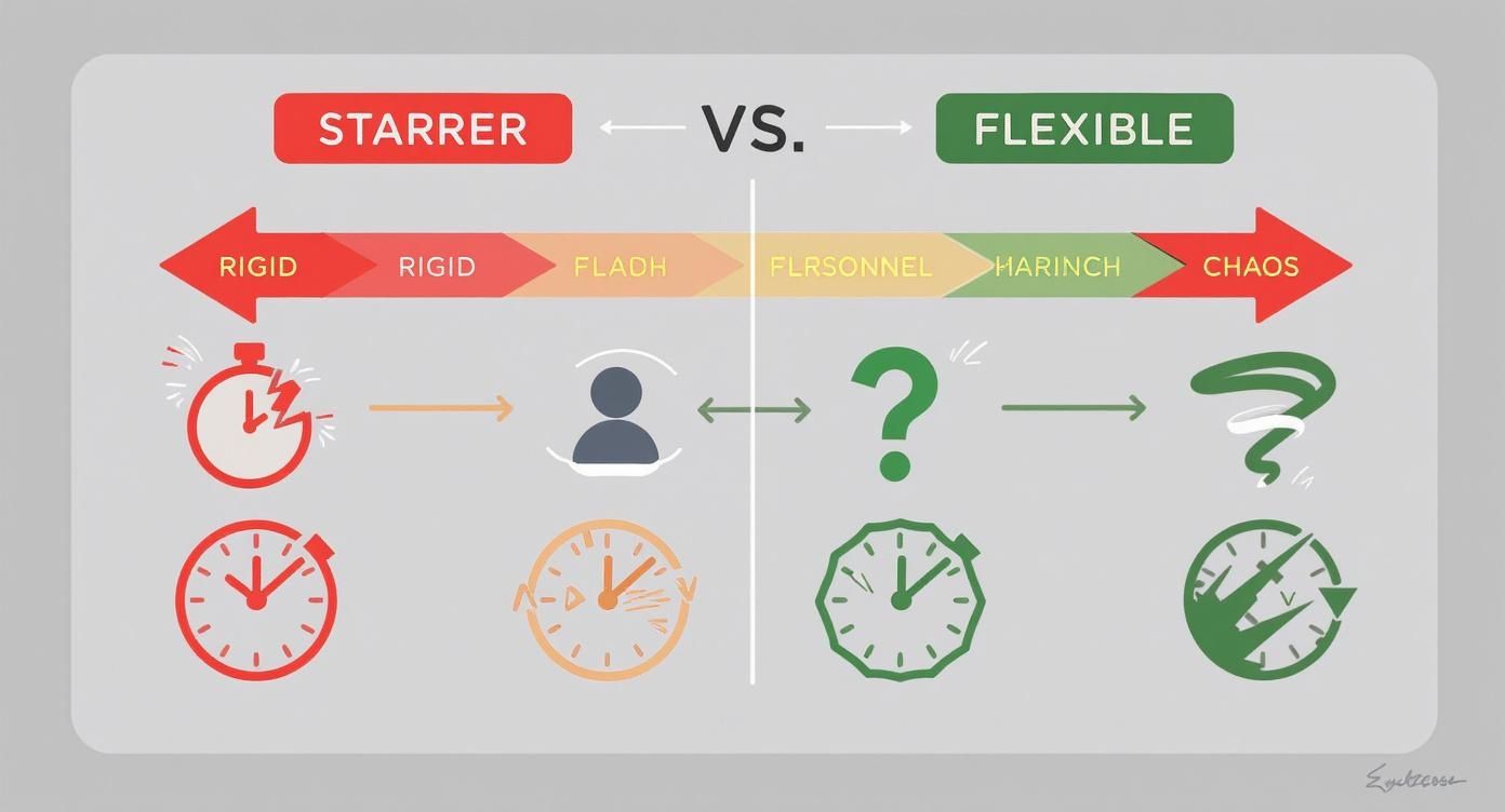 Vergleichsgrafik zwischen starrer und flexibler Personalplanung mit Zeituhren und Symbolen für Arbeitsorganisation