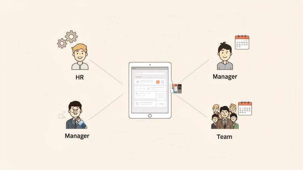 Illustration eines Tablets, das HR, Manager und Teams über eine zentrale Plattform verbindet, ideal für Personalmanagement und Onboarding.