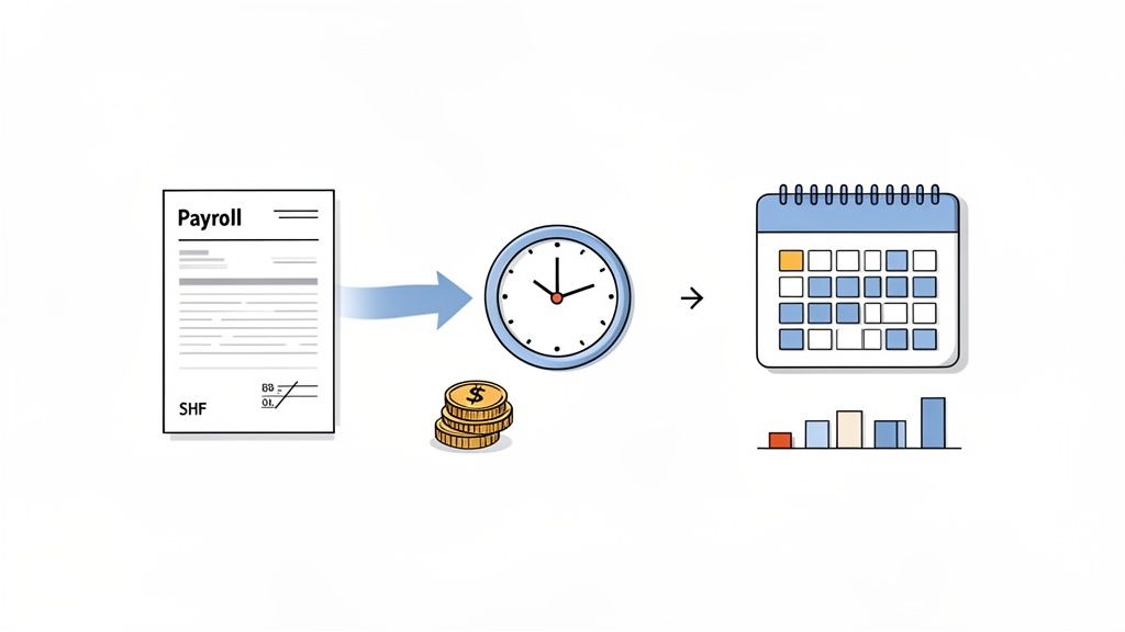 Prozessdiagramm zeigt Lohnabrechnung, Arbeitszeit, Geld und einen Kalender mit Datenanalyse.