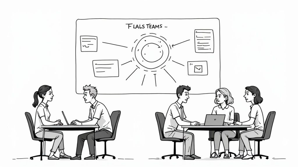 Ein Team bespricht gemeinsam neue digitale Prozesse an einem Tisch.