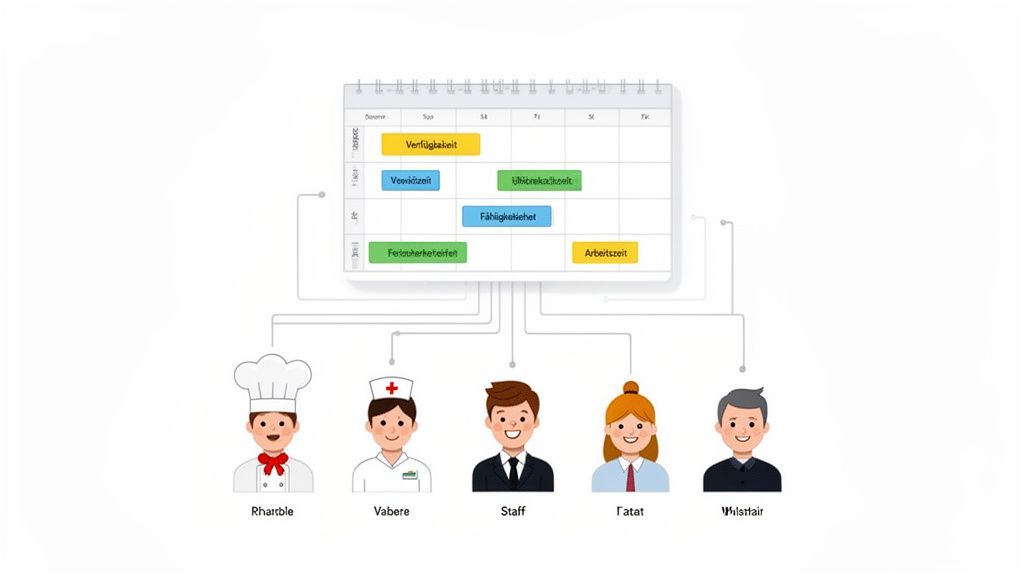 Eine Grafik zeigt eine digitale Einsatzplanung mit einem Kalender und verschiedenen Mitarbeitertypen, verbunden durch Linien.