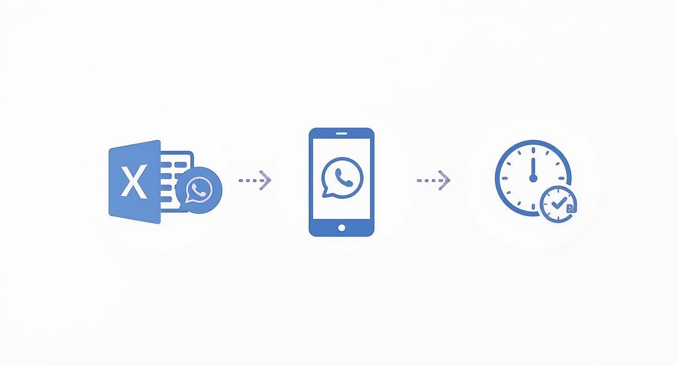 Diagramm: Excel-Daten werden über WhatsApp an ein Smartphone gesendet für pünktliches Zeitmanagement.