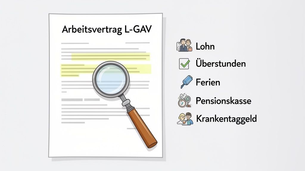 Lupe auf Arbeitsvertrag L-GAV zeigt wichtige Punkte wie Lohn, Überstunden, Ferien und Vorsorgeleistungen.