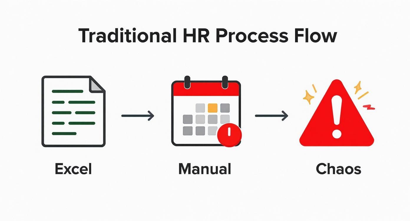 Darstellung eines traditionellen HR-Prozessflusses: Excel führt über manuelle Schritte zu Chaos im Personalmanagement.