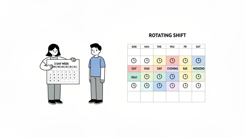 Illustration einer 3-Tage-Woche und eines rotierenden Schichtplans, die flexible Arbeitsmodelle darstellen.