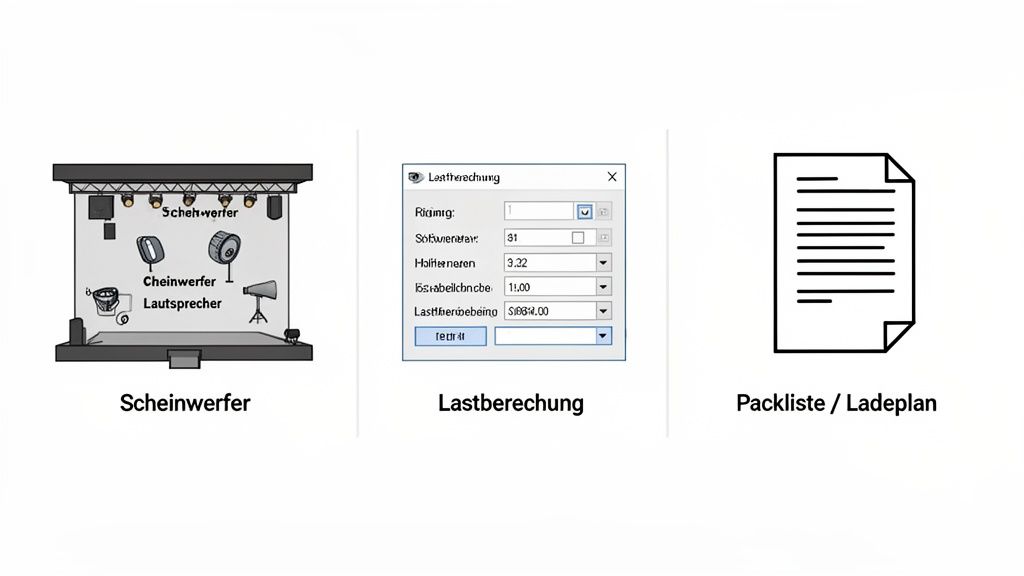 Visualisierung von Veranstaltungstechnik: Scheinwerfer, Software für Lastberechnung und Dokumente für Packlisten und Ladepläne.