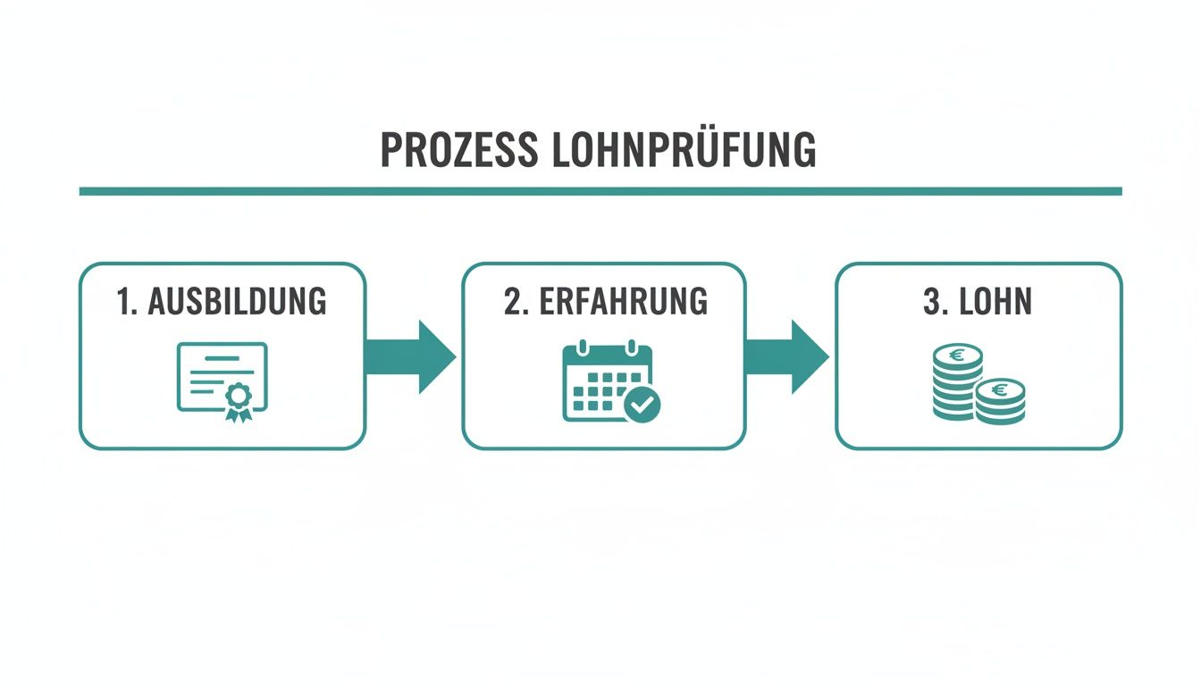 Diagramm des Lohnprüfungsprozesses mit den Schritten Ausbildung, Erfahrung und Lohn. Ein klarer Ablauf.