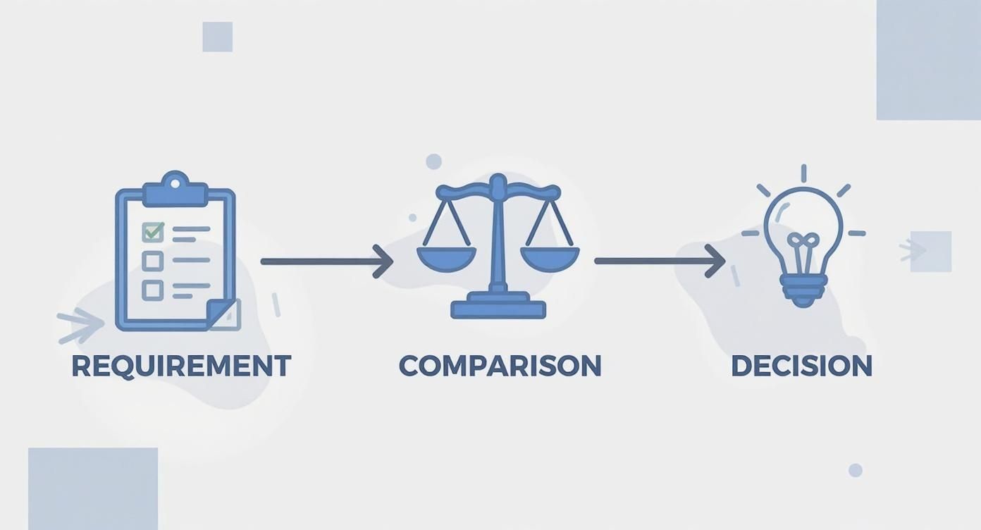 Blaues Flussdiagramm: Anforderung (Checkliste), Vergleich (Waage), Entscheidung (Glühbirne).