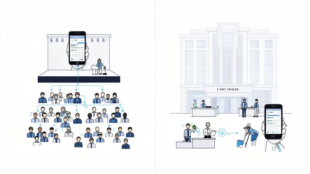 Illustration von zwei Geschäftsszenarien: Kommunikation und Dienstleistungsmanagement über Mobilgeräte.