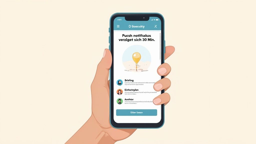 Hand hält Smartphone mit App zur Personalplanung für Events, zeigt eine Benachrichtigung über eine Verzögerung.