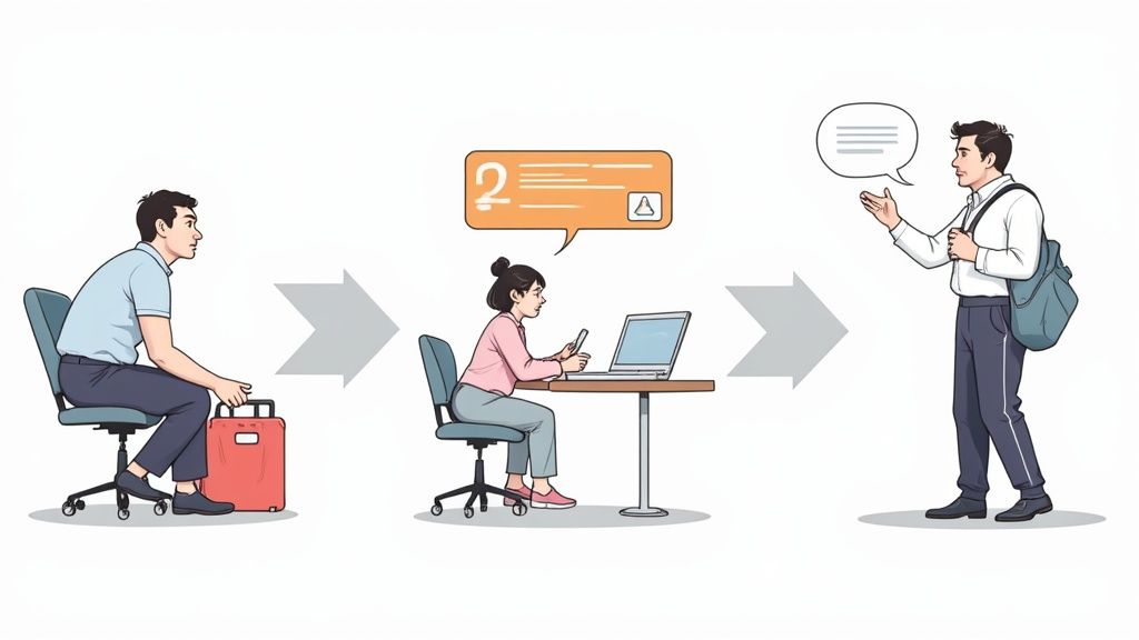 Illustration eines Ablaufs: Ein Mann wartet mit Gepäck, eine Frau bearbeitet digital, ein Mann gibt Auskunft.