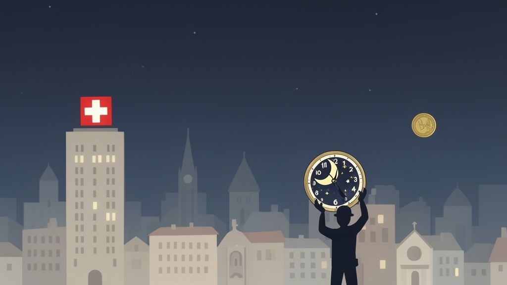 Nachtszene in einer Stadt mit Schweizer Flagge, einer Person, die eine Nachtuhr hält, und einer Münze.