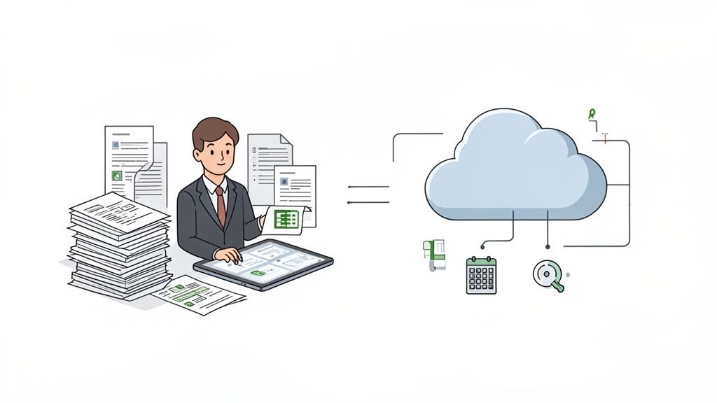 Ein Mann digitalisiert Dokumente und arbeitet mit einer Cloud-Lösung für HR-Management und Datenzugriff.