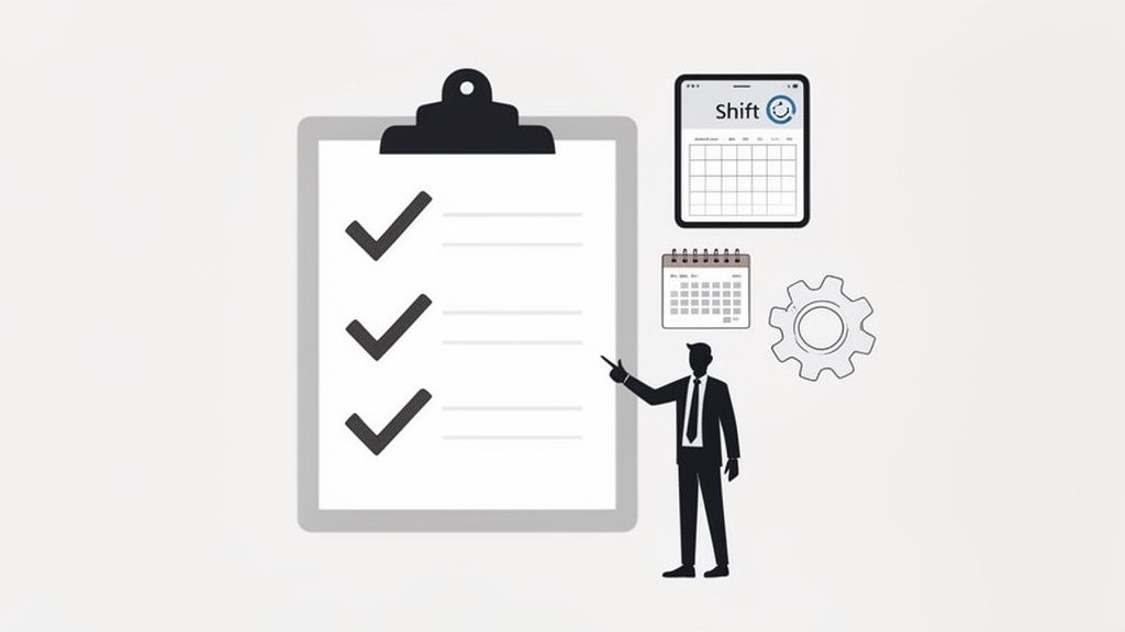 Geschäftsmann zeigt auf Checkliste, Kalender und Schichtplan-App für effizientes Aufgaben- und Zeitmanagement.