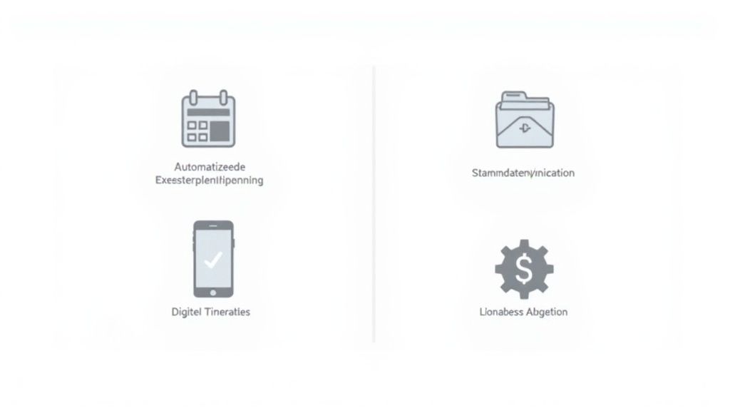 Vier Icons stellen wichtige Software-Funktionen dar: Einsatzplanung, digitale Zeiterfassung, Stammdatenverwaltung und Lohnabrechnung.
