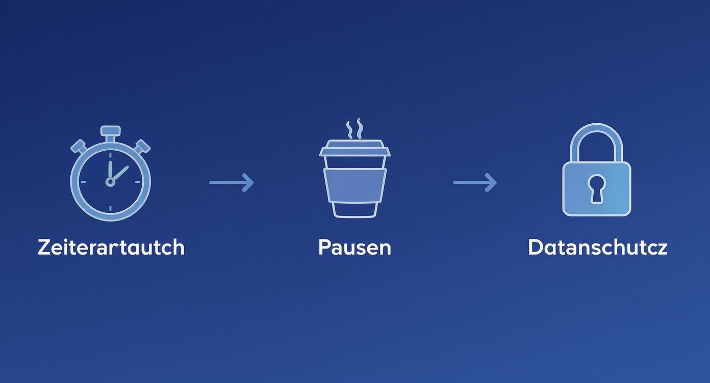 Visualisierung eines Prozesses: Zeiterfassung (Stoppuhr), Pausen (Kaffeebecher) und Datenschutz (Vorhängeschloss) in einer Reihe.
