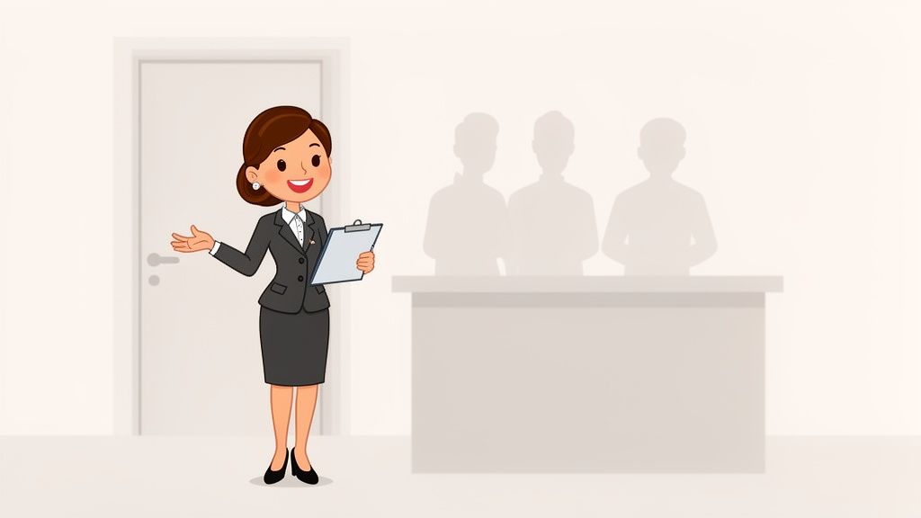 Eine lächelnde Cartoon-Hostess in Businesskleidung hält ein Klemmbrett und präsentiert einen Empfangstresen mit drei Schattenfiguren.