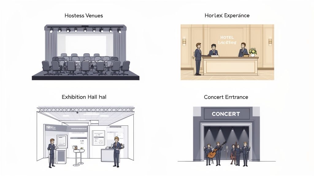 Vier Illustrationen zeigen verschiedene Veranstaltungsorte: einen Konferenzraum, eine Hotelrezeption, eine Messehalle und einen Konzerteingang.