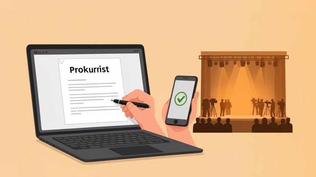Eine Hand unterschreibt ein digitales Dokument mit dem Titel 'Prokurrist' auf einem Laptop, daneben ein Smartphone mit Häkchen. Im Hintergrund ist eine Bühne mit Kameras und Publikum zu sehen.