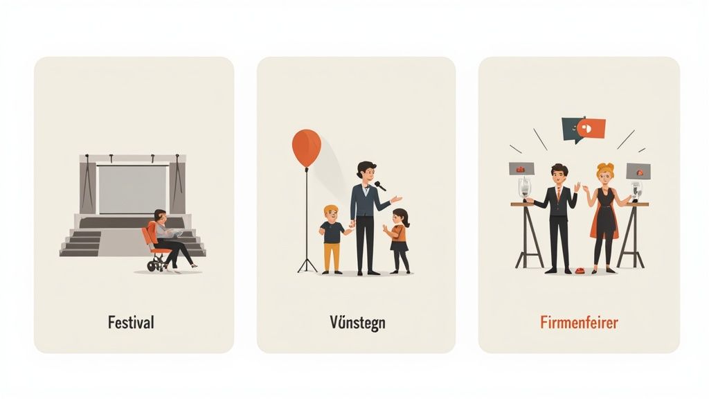 Drei Karten mit Illustrationen von verschiedenen Veranstaltungen: ein Festival, eine Kinderveranstaltung und eine Firmenfeier.