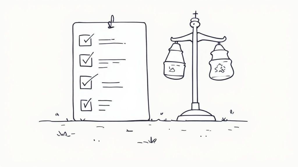 Eine handgezeichnete Checkliste mit erledigten Punkten und einer Waage, die zwei Gegenstände balanciert.