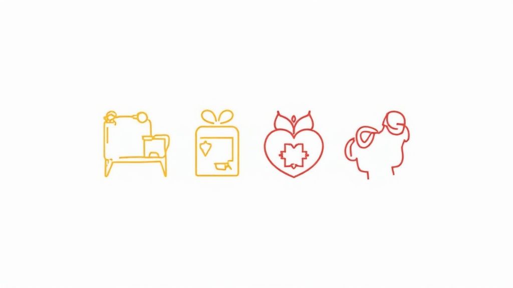 Vier minimalistische Icons in Gelb und Rot auf weißem Hintergrund: ein Stuhl, ein Geschenk, ein Herz und ein Kopf.