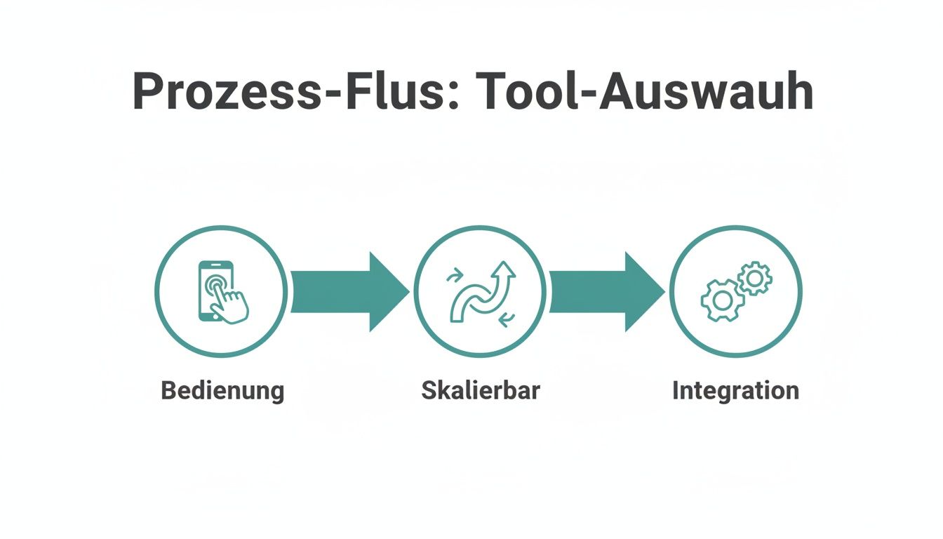 Ein Prozessflussdiagramm zeigt die Auswahl eines Tools in drei Schritten: Bedienung, Skalierbarkeit und Integration.