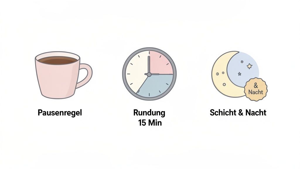 Drei Symbole: Kaffeetasse für Pausenregel, Uhr für 15-Minuten-Rundung und Mond für Schicht & Nacht.
