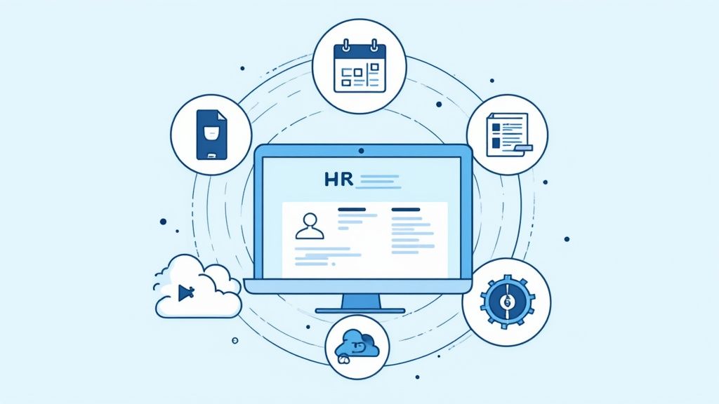 Digitales HR-Management-System auf einem Monitor, umgeben von Icons für verschiedene Personalprozesse wie Kalender, Dokumente und Einstellungen.