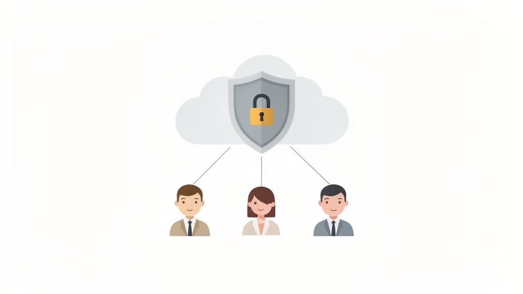 Illustration von drei Personen, die sicher auf eine mit einem Schloss geschützte Cloud zugreifen.