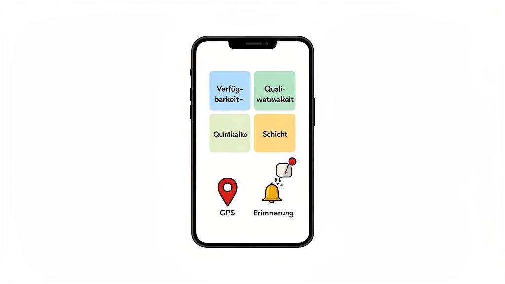 Smartphone-Bildschirm zeigt eine App zur Personalplanung mit Funktionen für Verfügbarkeit, Qualität, Schicht, GPS und Erinnerungen.