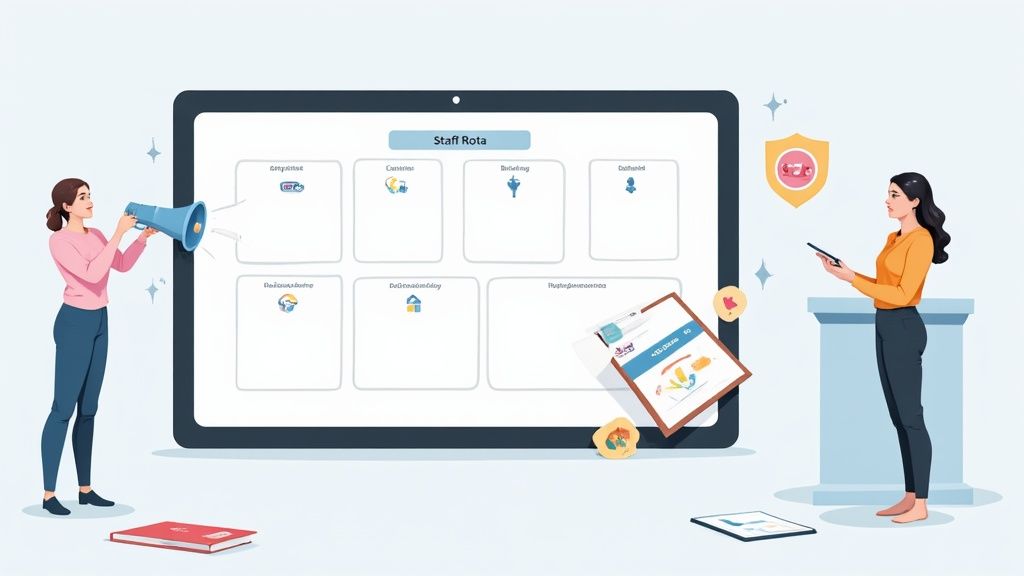 Eine Event-Managerin bespricht den Einsatzplan mit ihrem Team vor einer grossen Bühne.