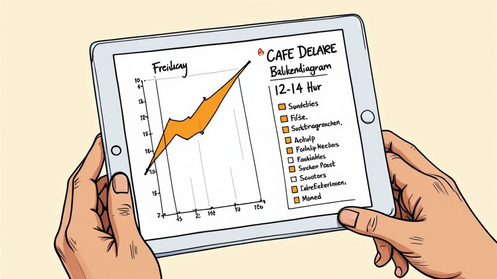 Hände halten ein Tablet, das ein Balkendiagramm und eine Liste für Cafe Delaire anzeigt.