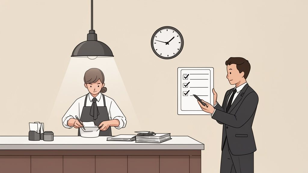 Eine Frau arbeitet an einer Theke, während ein Mann in einem Anzug eine Aufgabenliste überprüft. Eine Uhr hängt an der Wand.