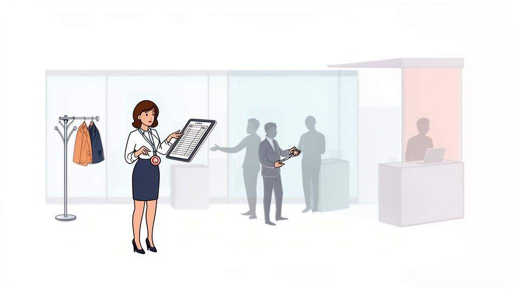 Eine lächelnde Hostess hält ein Tablet mit einer Liste an einem Messestand, im Hintergrund weitere Silhouetten.