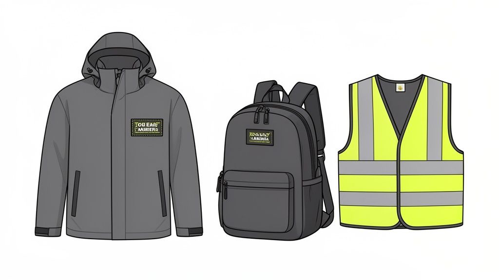 Abbildung von grauer Jacke, Rucksack und gelber Warnweste auf weißem Hintergrund.