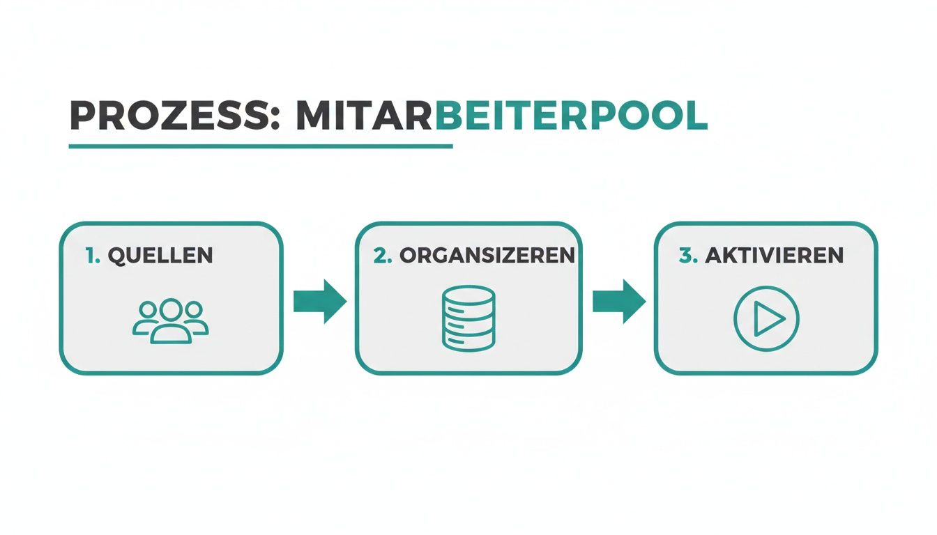 Flussdiagramm zum Prozess Mitarbeiterpool: Quellen, Organisieren, Aktivieren mit entsprechenden Icons.