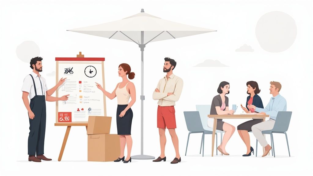 Geschäftstreffen im Freien: Zwei Personen präsentieren am Whiteboard, während andere am Tisch diskutieren.