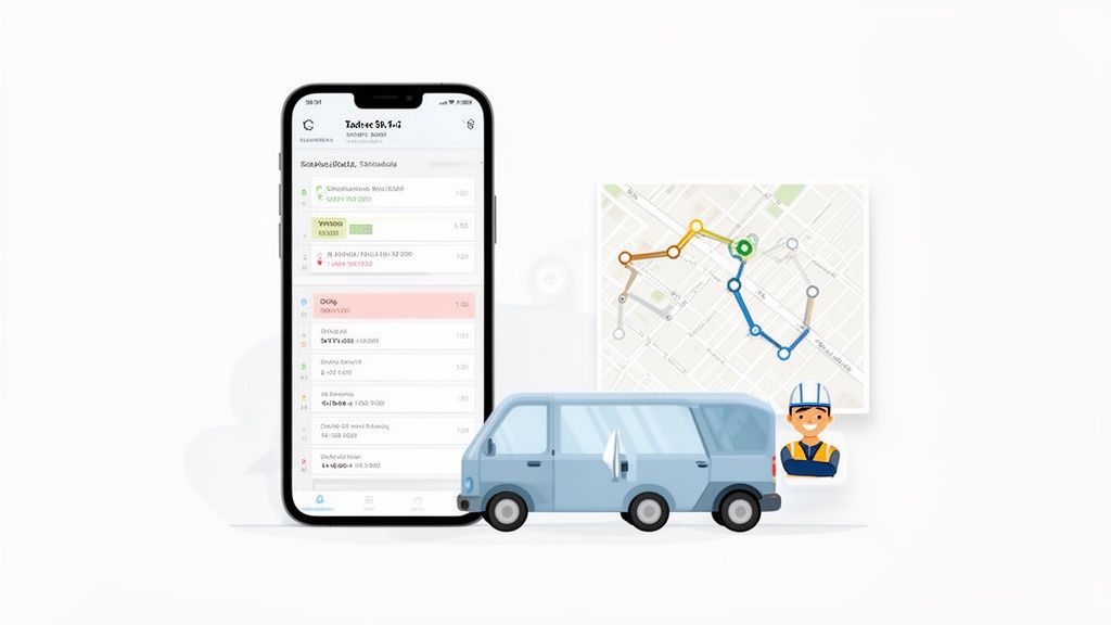 Smartphone-App für Routenplanung und Liefermanagement mit Lieferwagen, Karte und Service-Mitarbeiter-Symbol.