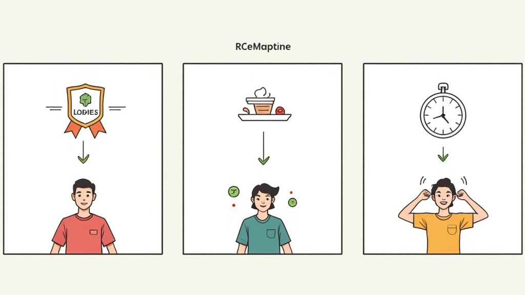 Drei comicartige Szenen zeigen Belohnungen, Ernährung und Aktivität, die zu glücklichen Menschen führen.