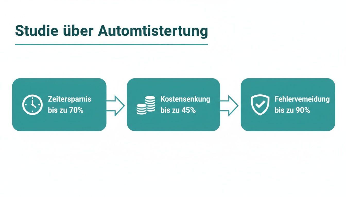 Infografik zeigt die Vorteile der Automatisierung: Bis zu 70% Zeitersparnis, 45% Kostensenkung und 90% Fehlervermeidung.