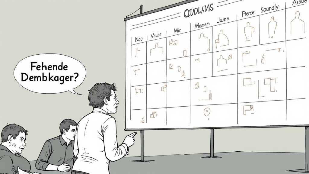 Mann präsentiert eine Tabelle mit abstrakten Figuren in einer Geschäftssitzung und stellt eine Frage.