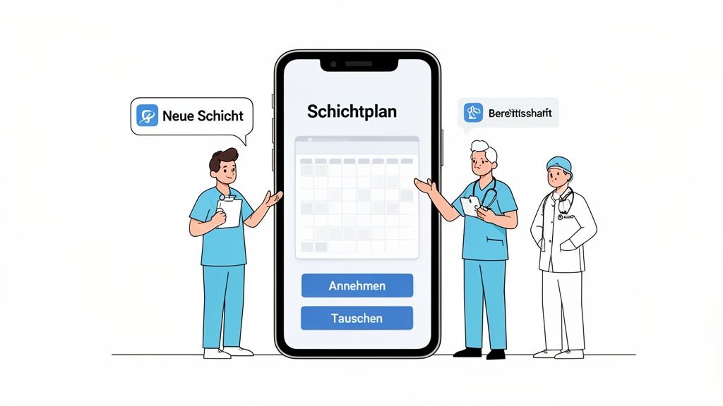 Drei medizinische Fachkräfte nutzen eine App zur digitalen Schichtplanung und Diensttausch auf einem Smartphone.