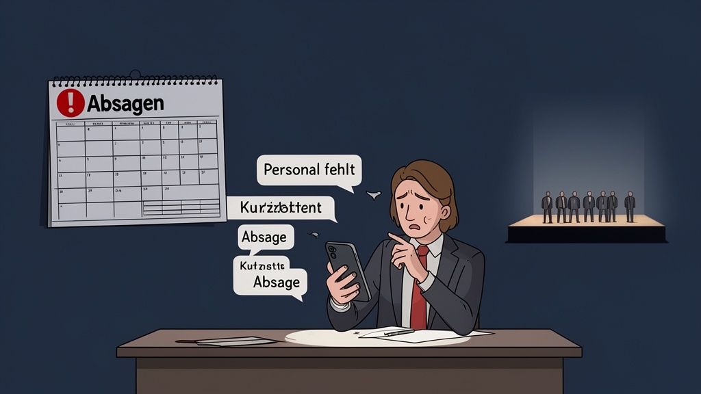 Gestresste Person am Telefon wegen Personalmangel und Veranstaltungsabsagen, Kalender zeigt viele Absagen.
