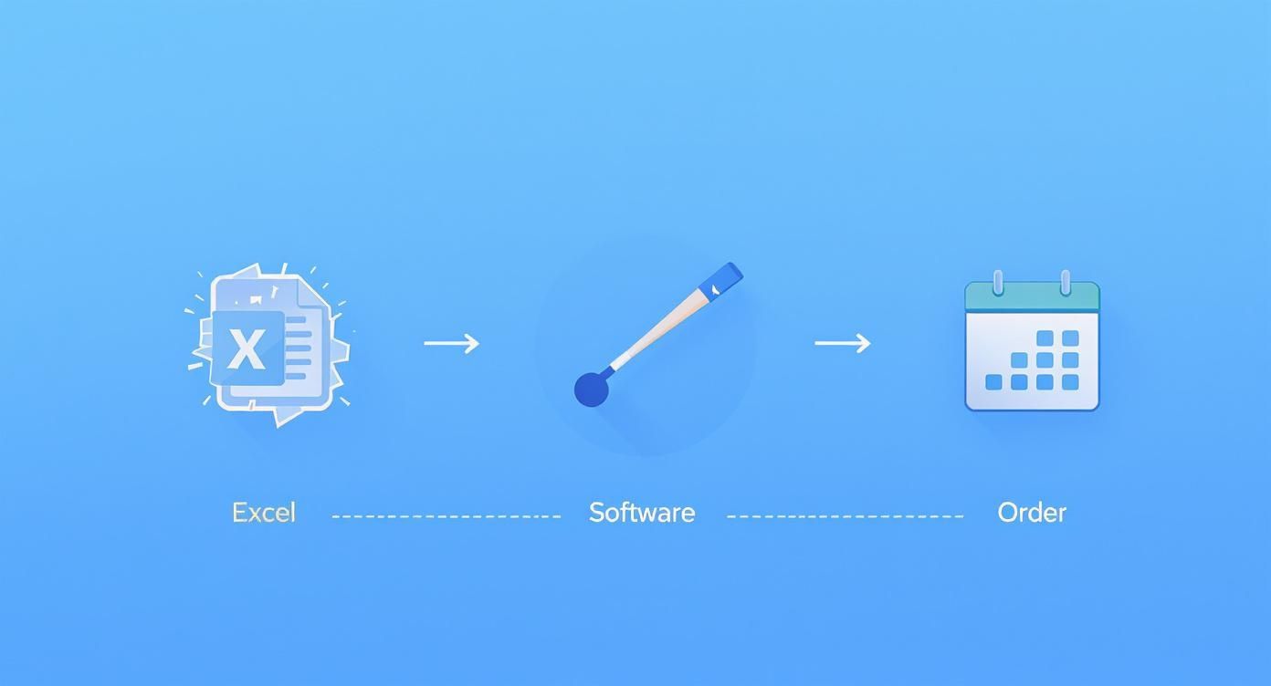 Ein Workflow, der zeigt, wie Excel-Daten von Software in eine Bestellung umgewandelt werden.