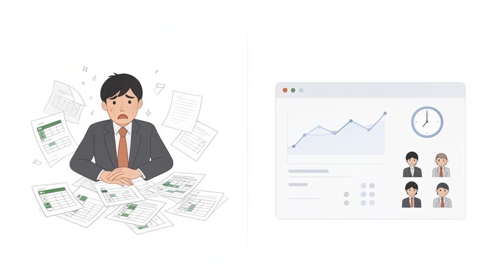 Ein gestresster Geschäftsmann, umgeben von Papierkram, im Kontrast zu einem effizienten digitalen Dashboard für die Personalverwaltung.