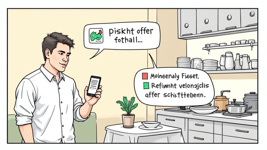 Mann hält Smartphone in Küche, betrachtet App-Benachrichtigungen über Schichtbesetzung.