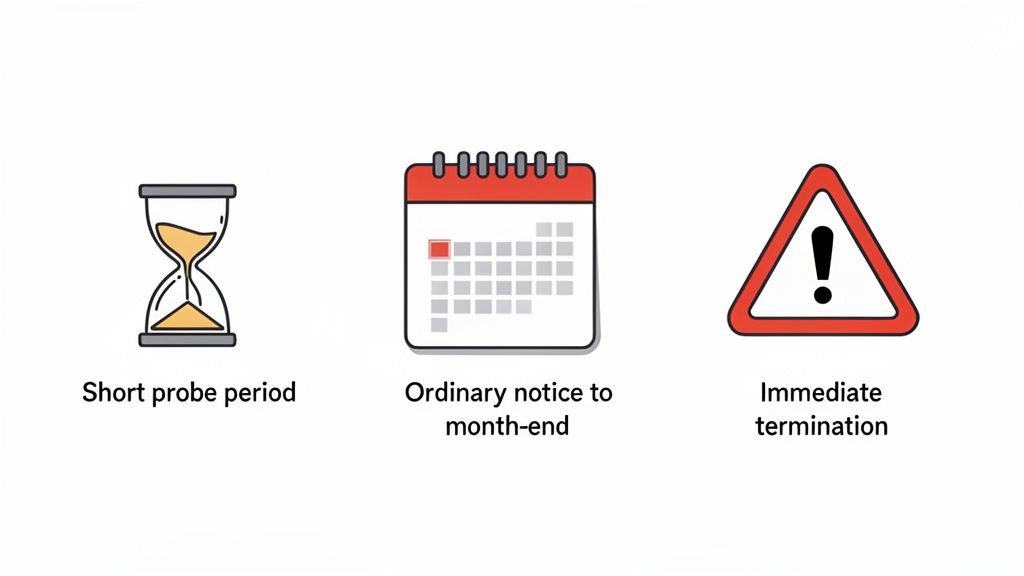 Drei Symbole illustrieren verschiedene Kündigungsfristen: Kurze Probezeit, ordentliche Kündigung und fristlose Kündigung.